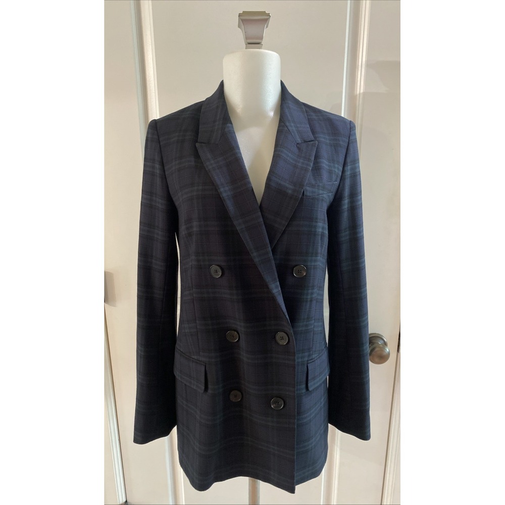 Aritzia Babaton Blazer Green & Navy Blue Size 4 Double Breasted Plaid Preppy